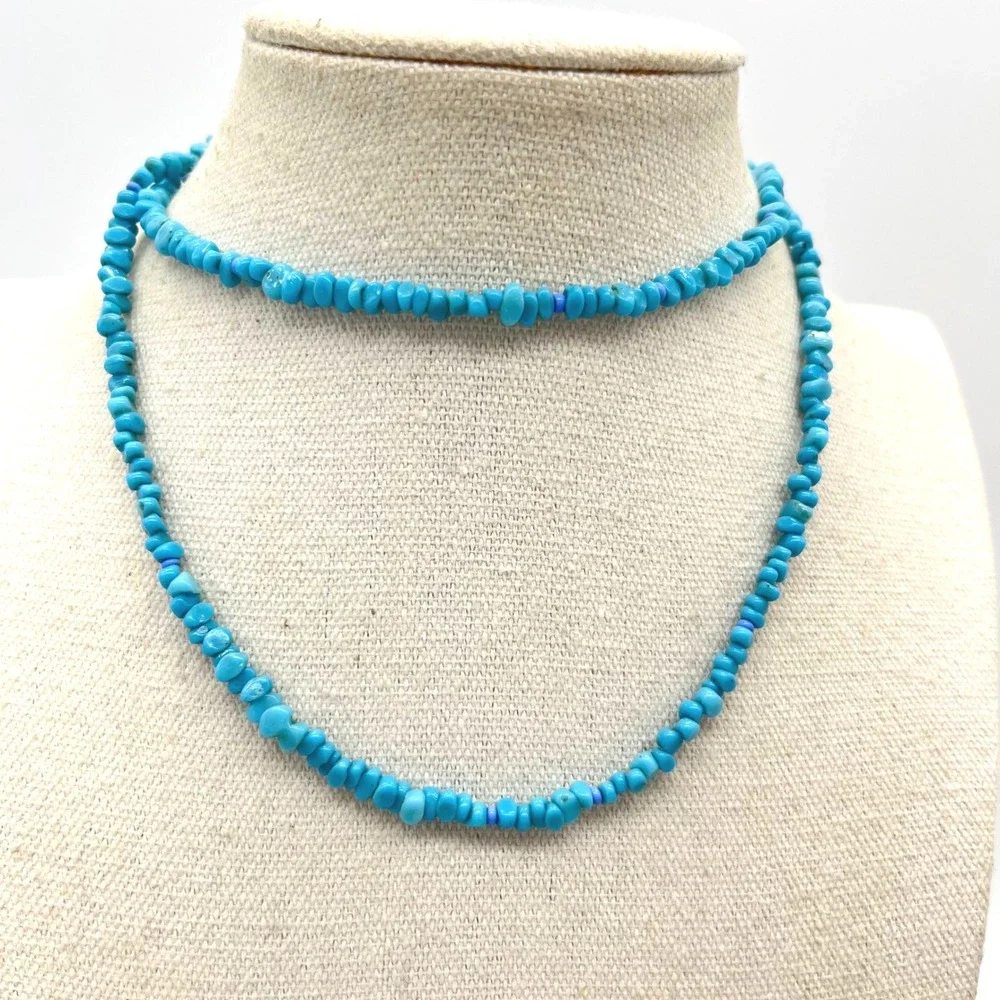Turquoise Chip Bead Necklace Blue Southwestern Boho Beaded Strand 26 Inch